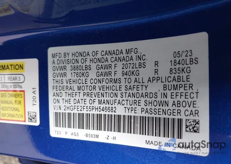 2023 Honda Civic Sport z USA, uszkodzony, nr VIN 2HGFE2F55PH546682